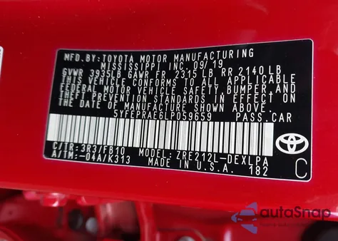 2020 Toyota Corolla Le from USA, damaged, VIN 5YFEPRAE6LP059659